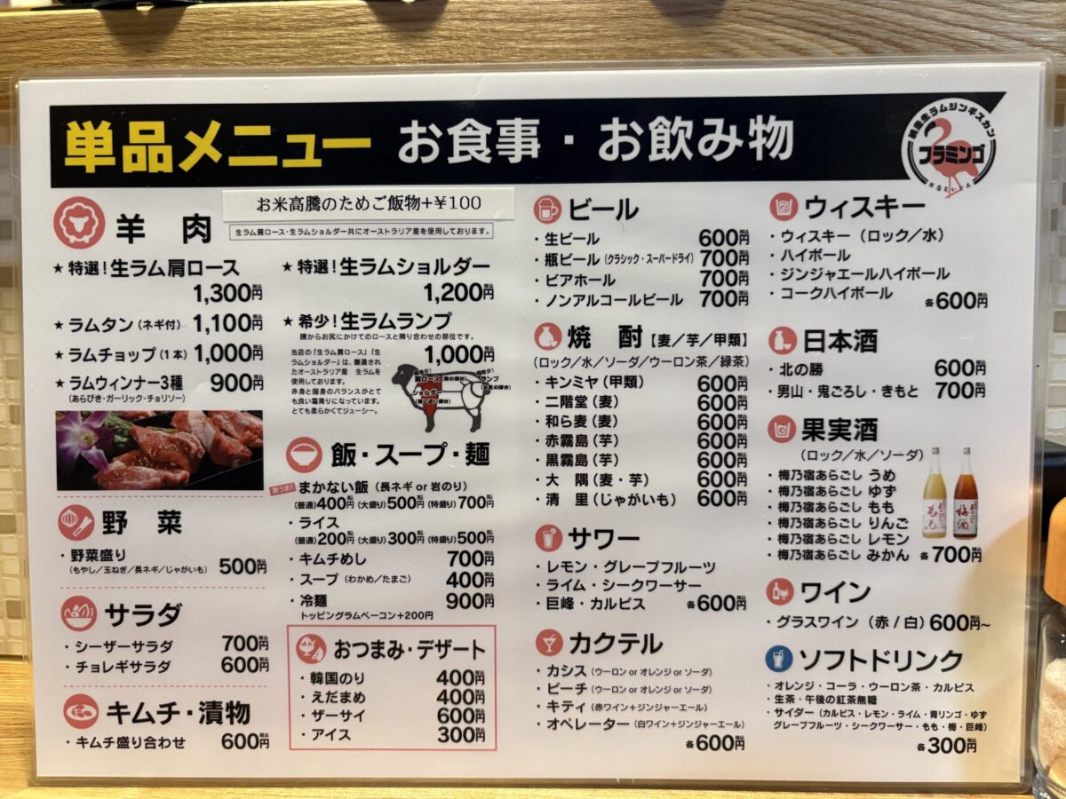 網走「フラミンゴ」の単品メニュー表。特選生ラム肩ロースやショルダーなどの羊肉メニューをはじめ、野菜、サラダ、飯物、スープ、そしてビール、焼酎、日本酒、ソフトドリンクなどの豊富なドリンクメニューと価格が記載されています。
The à la carte menu at "Flamingo" in Abashiri. It displays prices for various mutton dishes like premium raw lamb chuck and shoulder, as well as sides, rice dishes, and a wide variety of beverages including beer, shochu, sake, and soft drinks.