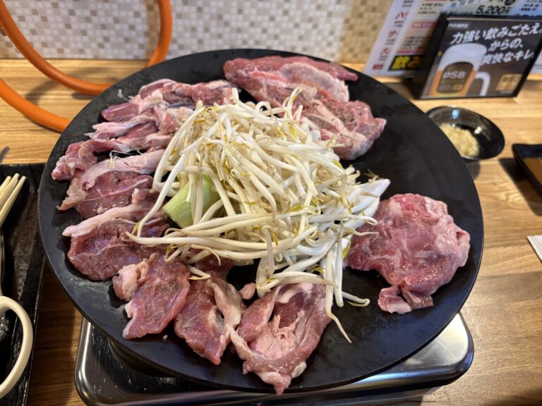 網走「フラミンゴ」のジンギスカン。中央が盛り上がった専用の黒い鉄板に、厚切りの生ラム肉が並べられ、中央には山盛りのもやしとネギが載っています。肉の鮮やかさとボリューム感が伝わる調理前の様子です。 Raw lamb Genghis Khan (mutton BBQ) at "Flamingo" in Abashiri. Thick slices of fresh lamb are arranged around a traditional domed iron skillet, with a generous heap of bean sprouts and green onions in the center, ready to be grilled.