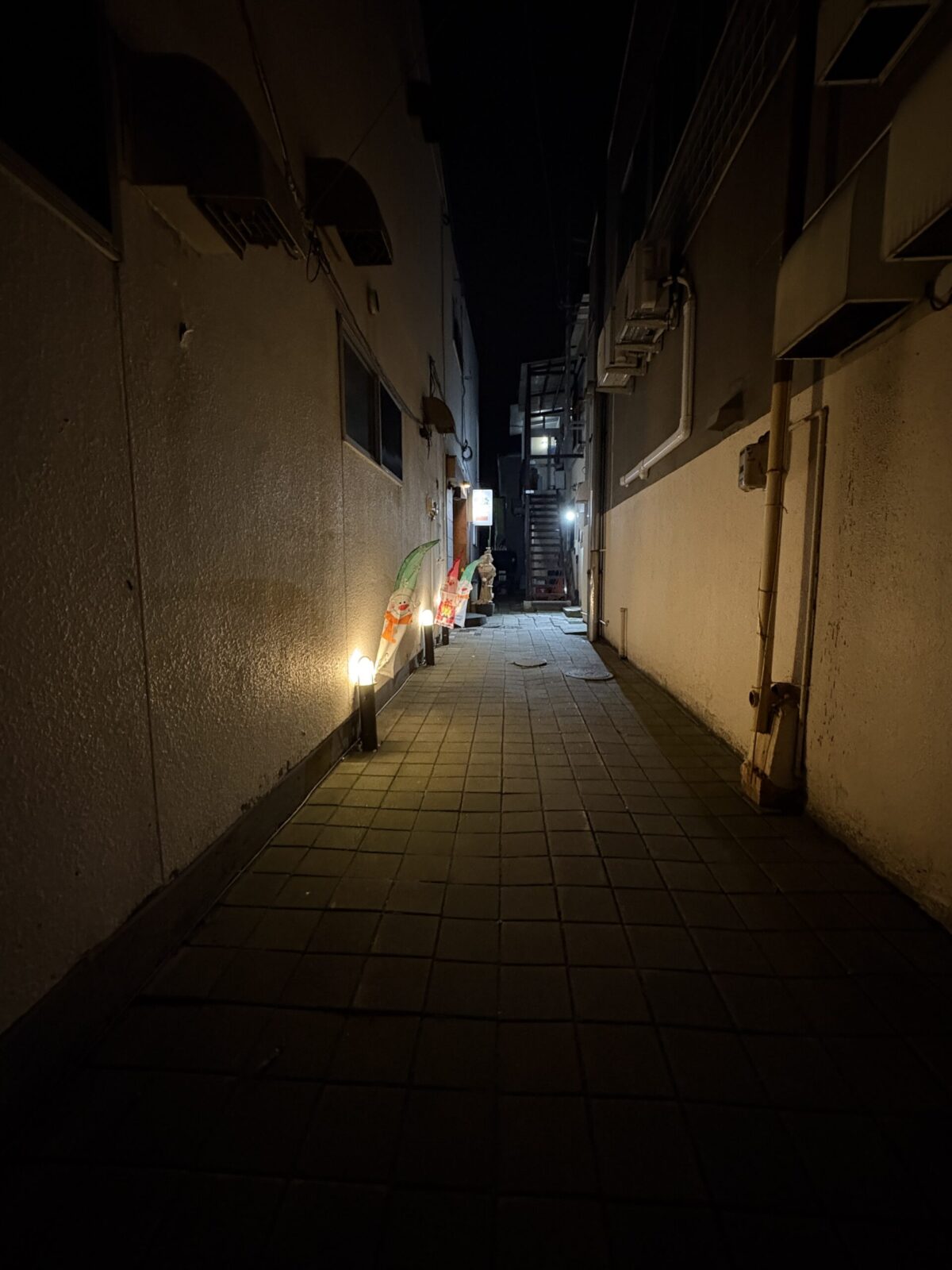 UROKO」へと続く夜の路地裏。石畳の小道が街灯に照らされ、奥の店舗へと続いている。隠れ家のような雰囲気が漂う、網走の夜の散策路
A nighttime view of the narrow, cobblestone alleyway leading to "UROKO" in Abashiri. Streetlights illuminate the path, guiding visitors to the hidden shop entrance.