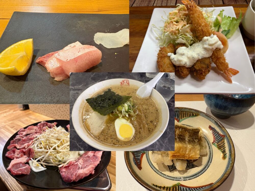 網走グルメセレクト。鮨やまし多の刺身、ホワイトハウスのエビフライ、ラーメンだるまや、道の駅の流氷カレーなど地元人気店の料理 A selection of local gourmet dishes in Abashiri, including fresh sashimi from Sushi Yamashita, ramen from Darumaya, and various seafood delicacies.