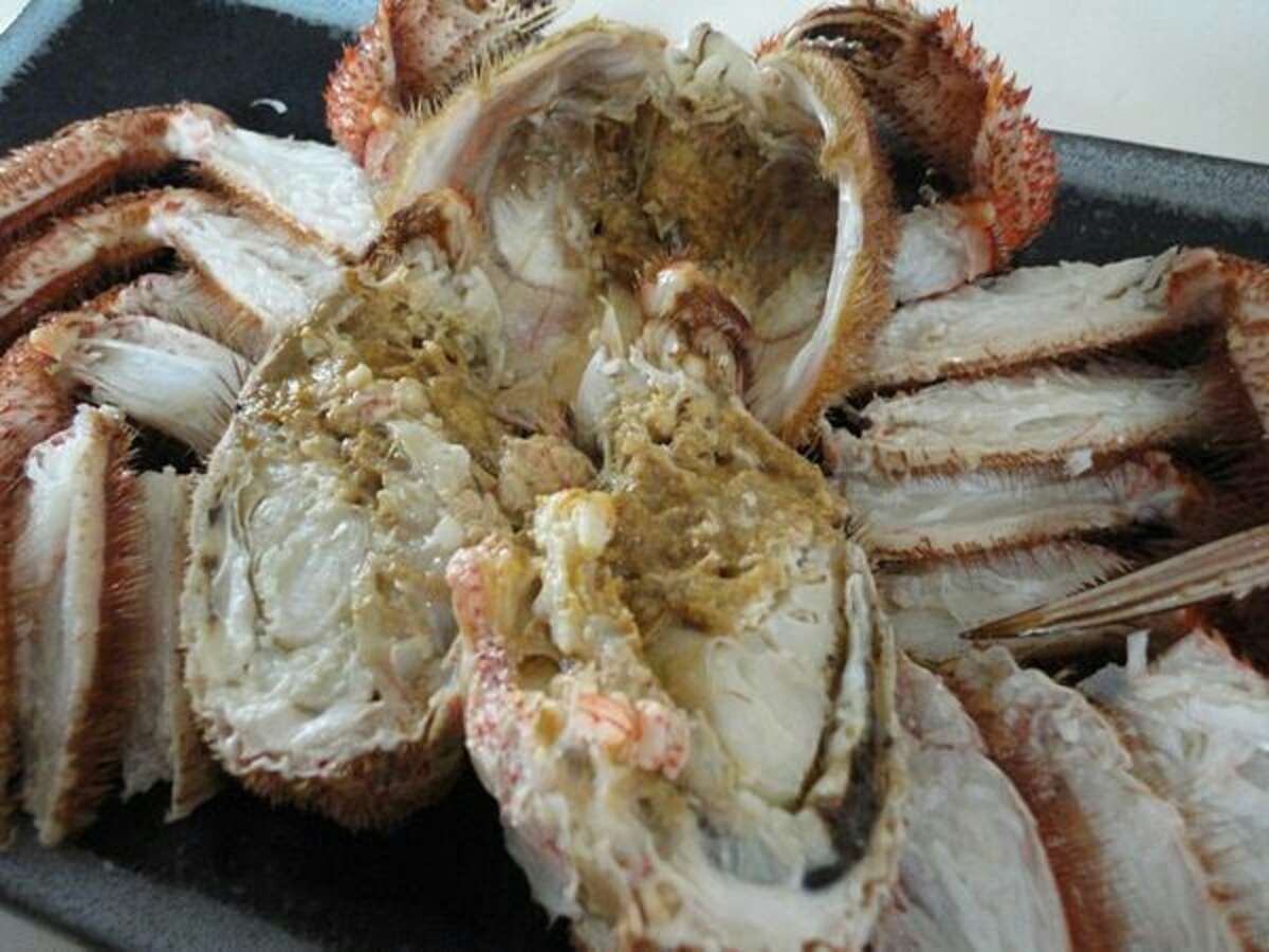 網走産毛ガニの断面。濃厚なカニ味噌と、隙間なく詰まった白い身が特徴の海明け毛ガニ
The inside of an Abashiri horse hair crab, showing rich crab miso and firm, sweet meat.