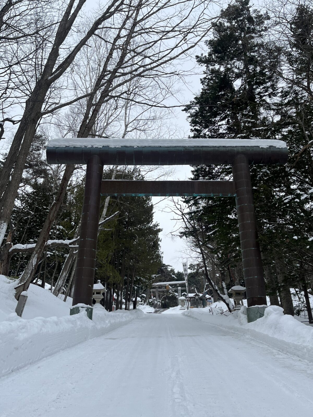 雪が積もる冬の網走神社。参道に立つ大きな鳥居と周囲の木々