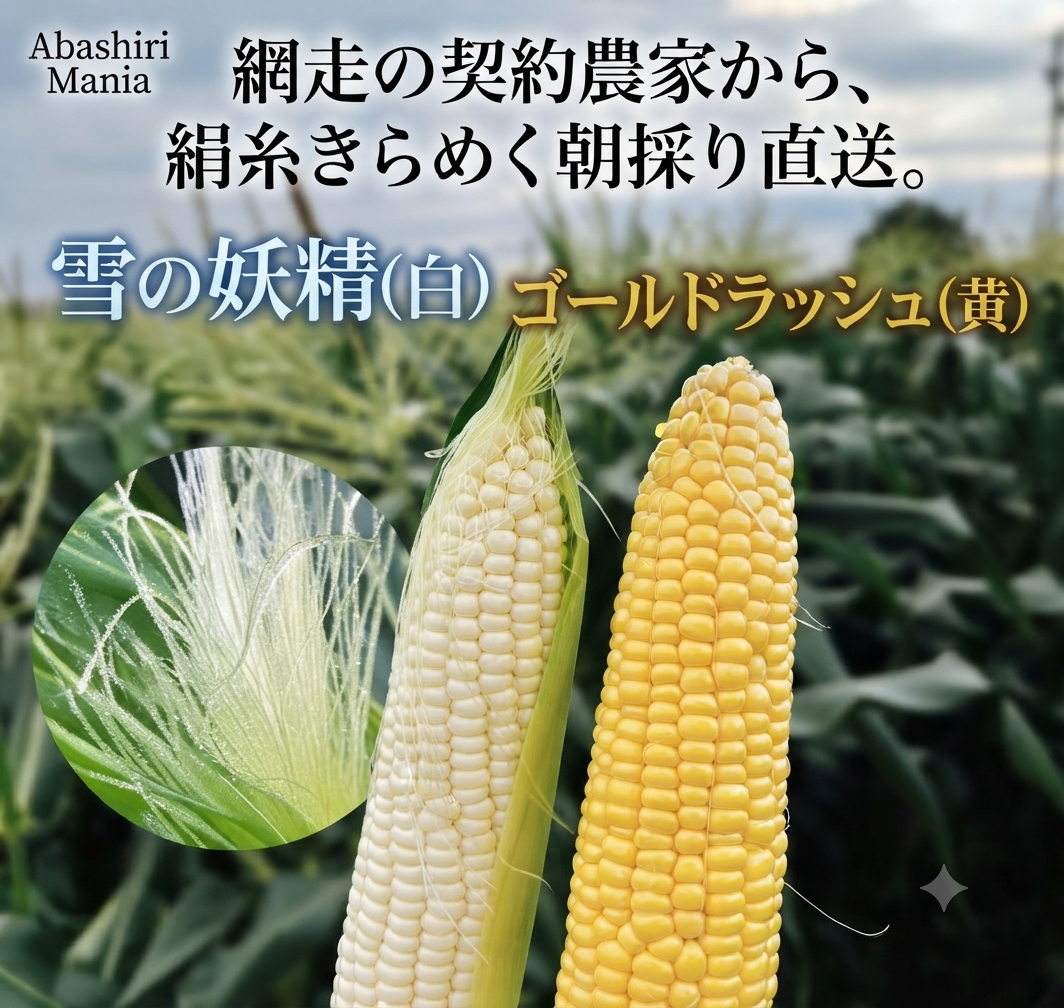 「あばしりマニア」の網走産朝採り直送とうもろこし（雪の妖精とゴールドラッシュ）の食べ比べ紹介画像
"Abashiri Mania" introduction image for comparing fresh-picked direct-shipped corn from Abashiri (Snow Fairy and Gold Rush)
