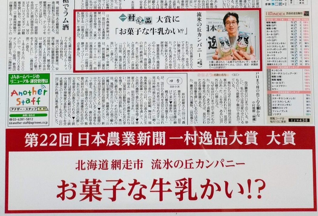 第22回日本農業新聞一村逸品大賞で最高賞「大賞」を受賞した流氷の丘カンパニー「お菓子な牛乳かい！？」の新聞掲載記事。
Newspaper article from The Japan Agricultural News celebrating Ryuhyo no Oka Company's "Okashina Gyunyu-kai!?" winning the Grand Prix at the 22nd Isson Ippin Awards.